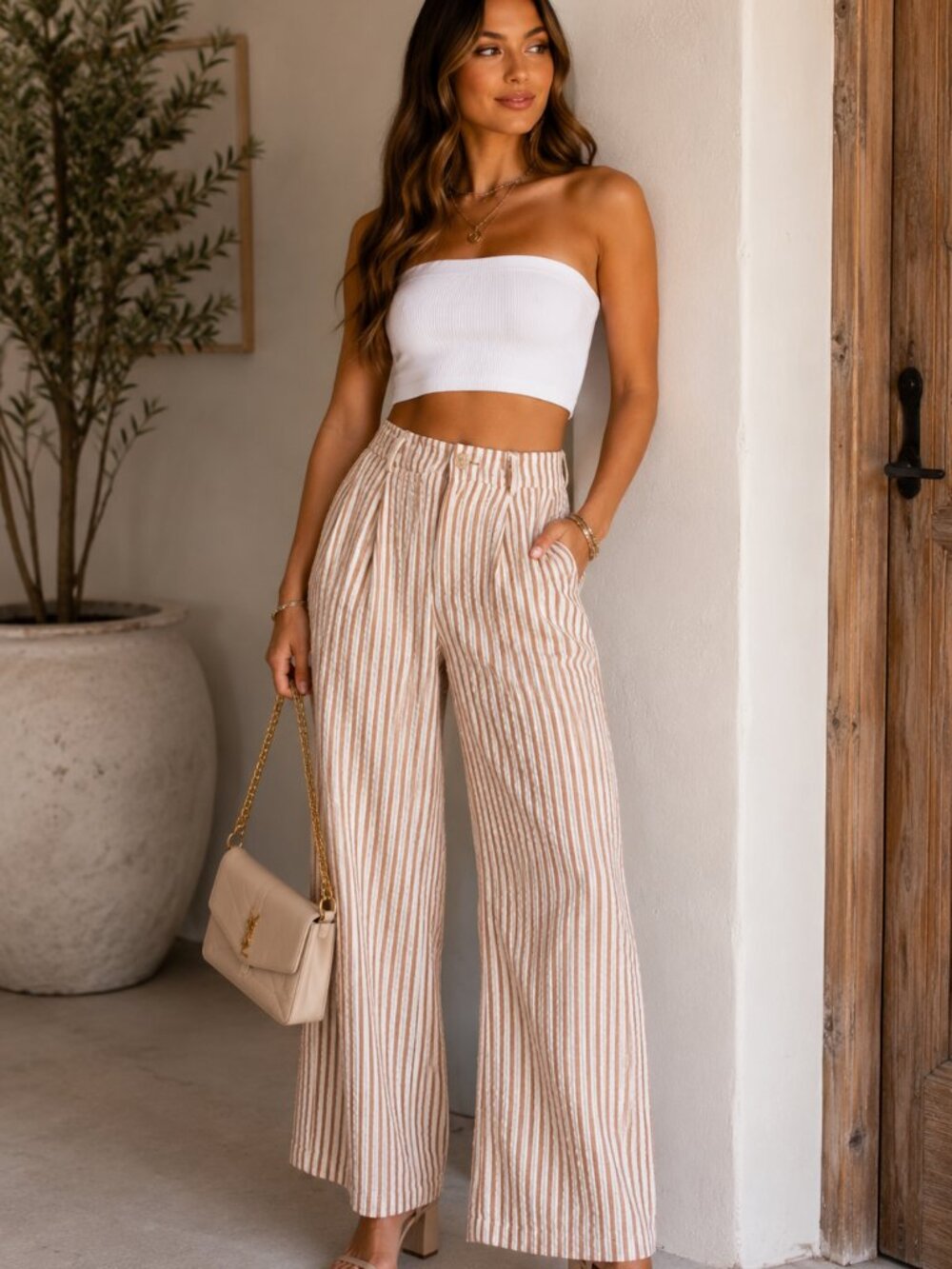 MNG Mango Brown & Cream Striped Wide Leg Pants Size S